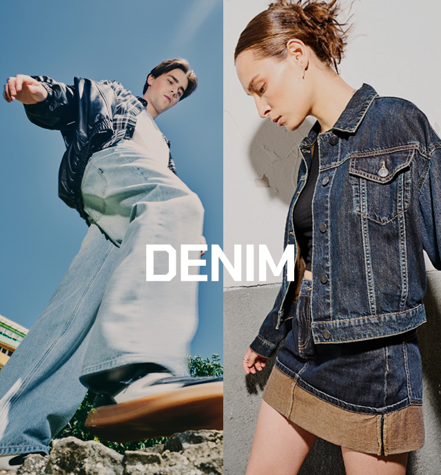 DENIM kolekcijas baneris ar vīrieti platās džinsās un sievieti džinsa jakā un svārkos. banner