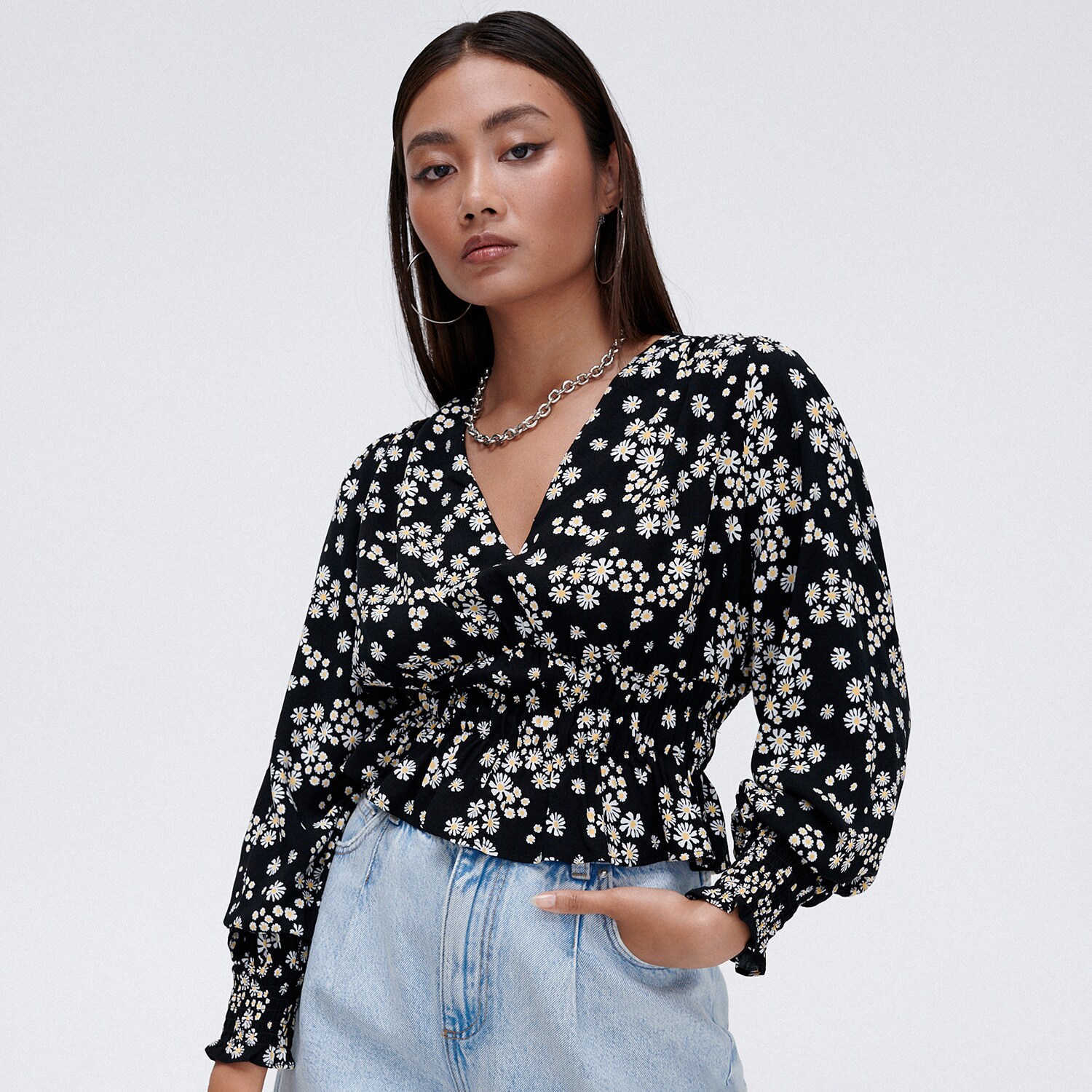 Cropp - bluză cu model floral - negru