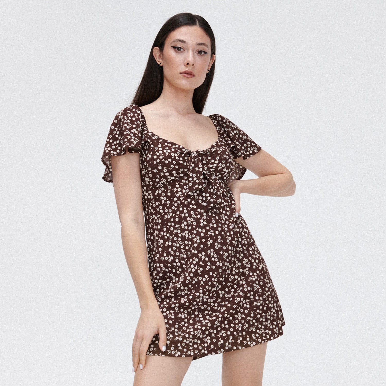 Cropp - rochie cu model floral - maro