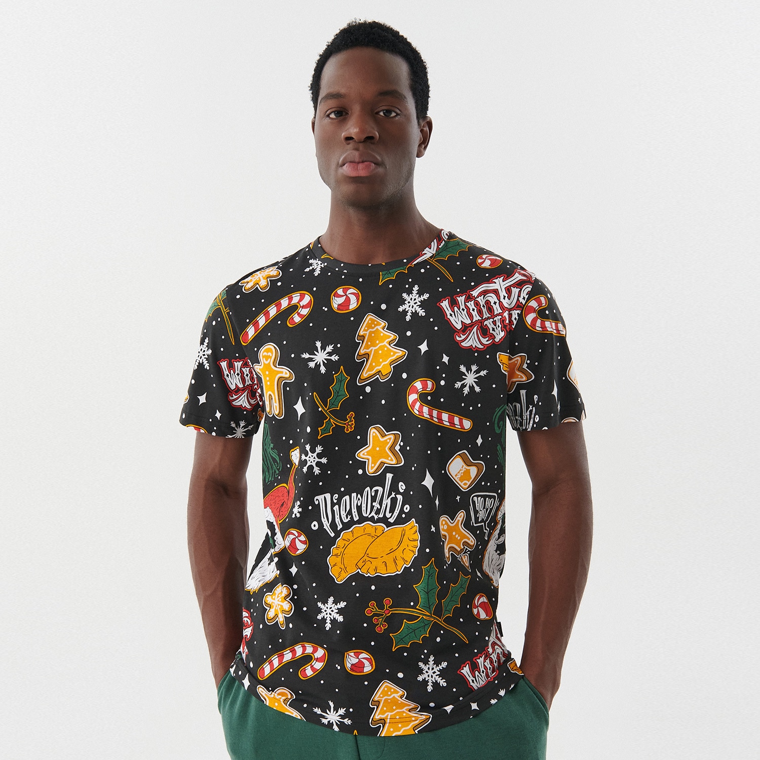 Cropp - tricou de crăciun cu imprimeu complet - negru