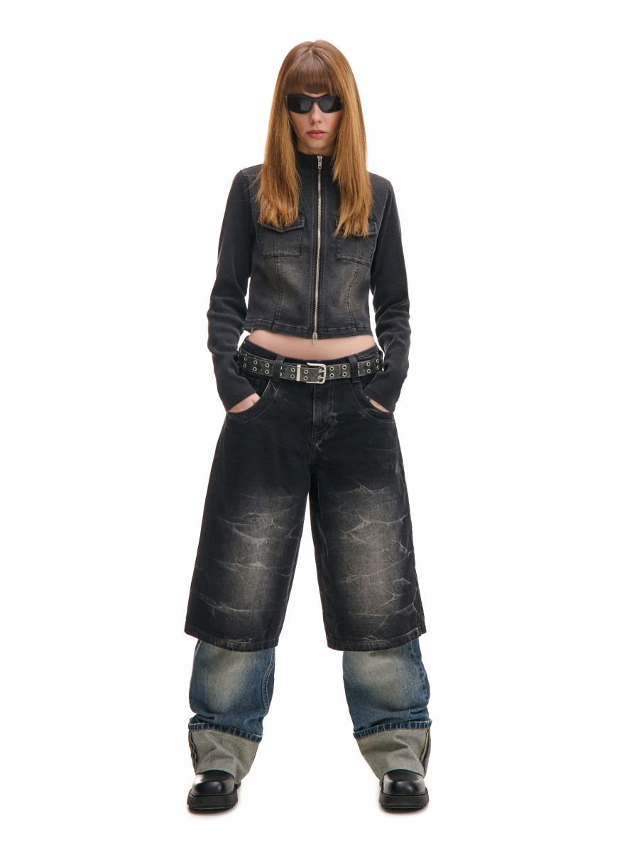Denim kratke hlače z učinkom pranja