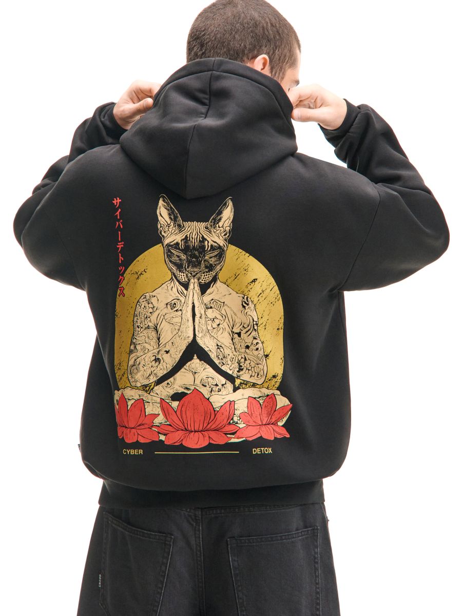 Czarna bluza hoodie z medytującym kotem