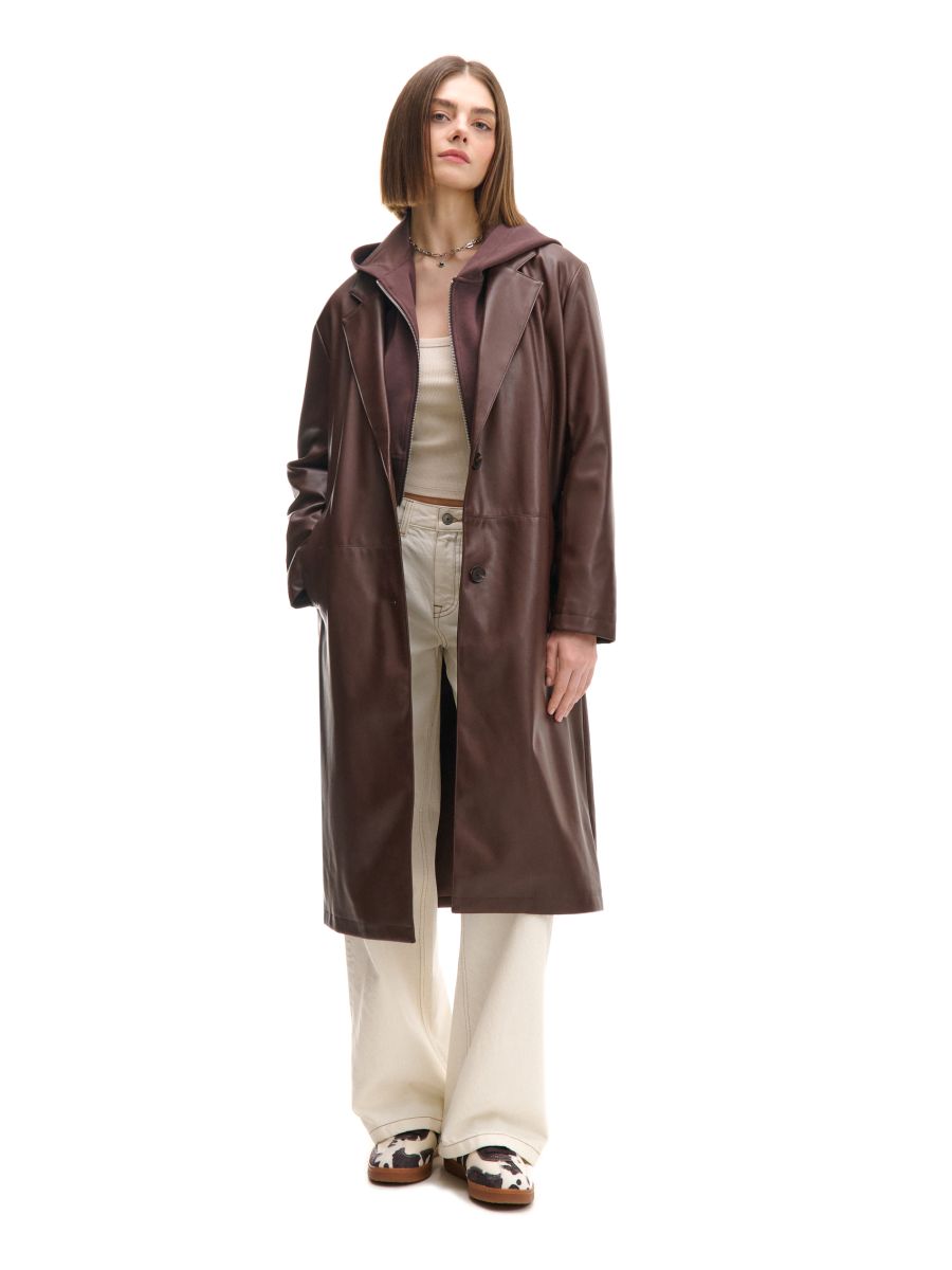 Prosty brązowy płaszcz z imitacji skóry