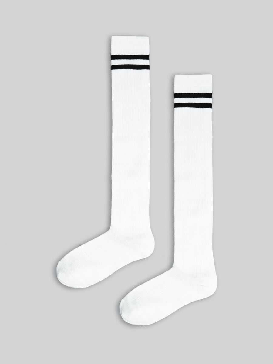 Calcetines largos por de la rodilla blancos con rayas negras, CROPP, 5703N-00X