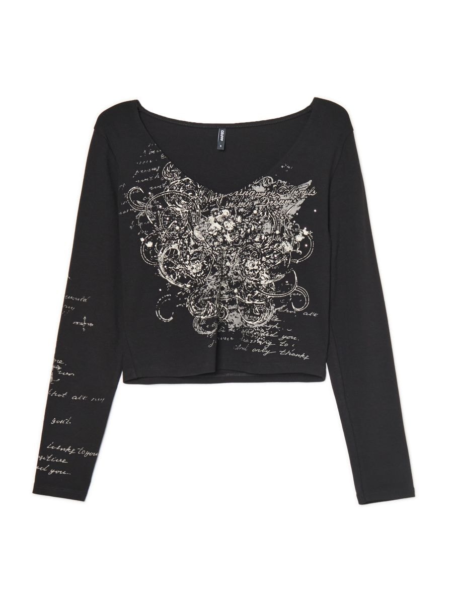 Czarny T-shirt longsleeve z gotyckim motywem - CROPP - 717FL-99X