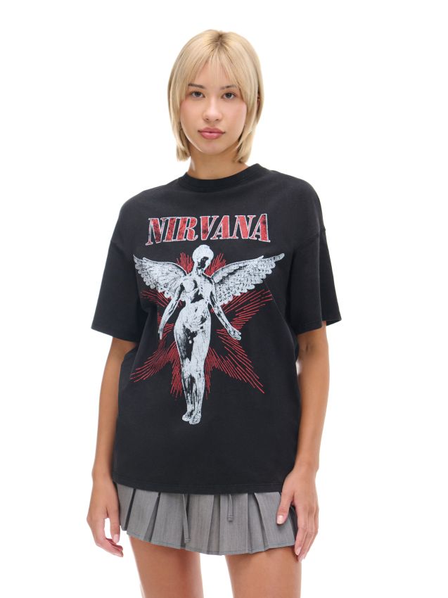 Schwarzes T-Shirt mit Aufdruck Nirvana Farbe Schwarz - CROPP