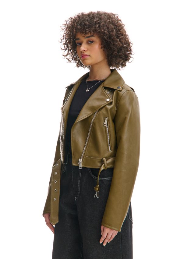 Oliwkowa kurtka biker z imitacji skóry - CROPP - 090CU-79X