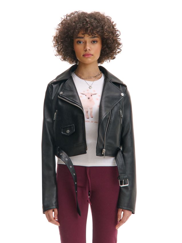 Czarna kurtka biker z imitacji skóry - CROPP - 090CU-99X