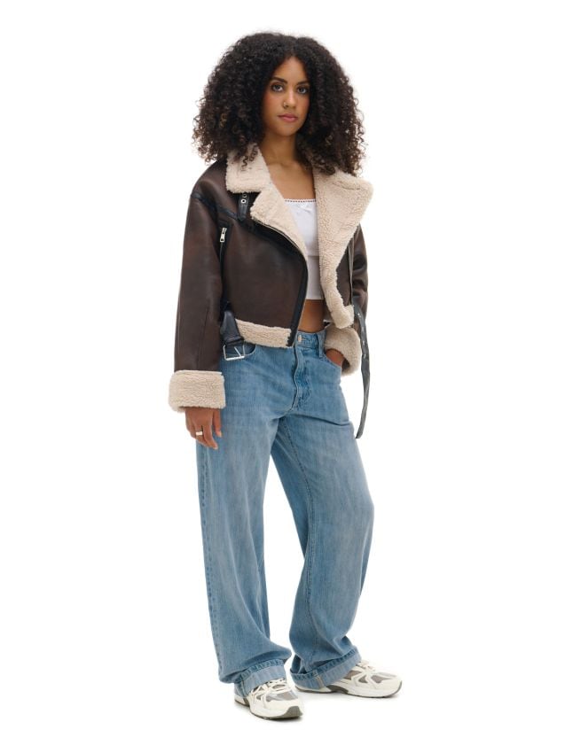 Brązowa kurtka biker z paskiem - CROPP - 091AR-88X