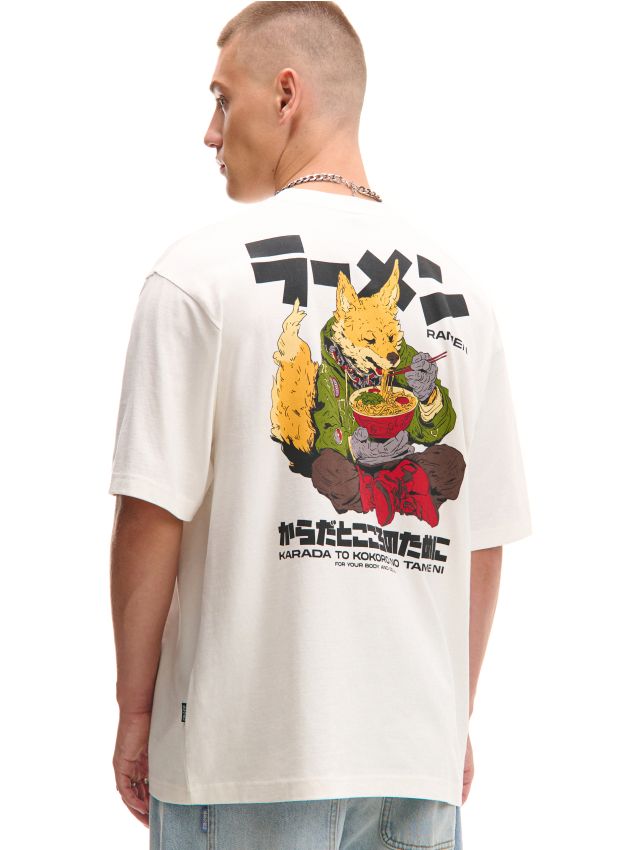 Kremowa koszulka z grafiką - CROPP - 1348Z-01X