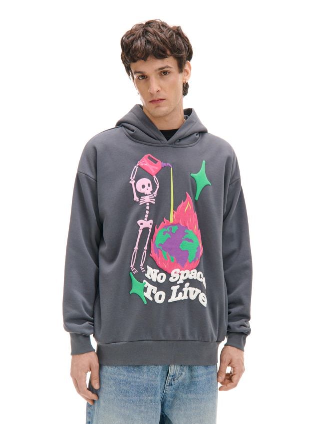 Szara bluza z kapturem i nadrukiem - CROPP - 155DH-90X