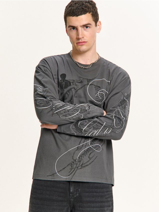 Cipo & Baxx Maglietta Uomo Manica Lunga Con Stampa - Modello CL489, Colore Nero, Taglia S
