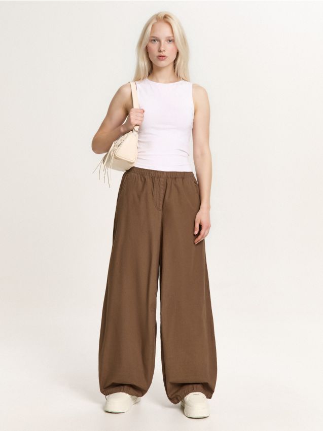 Brązowe spodnie wide leg z bawełny