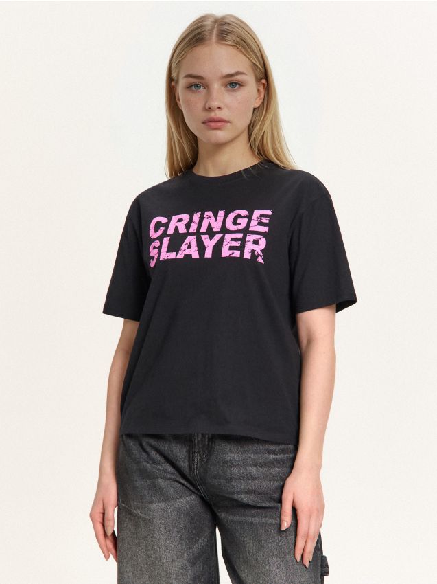 Czarny T-shirt ze spranym nadrukiem