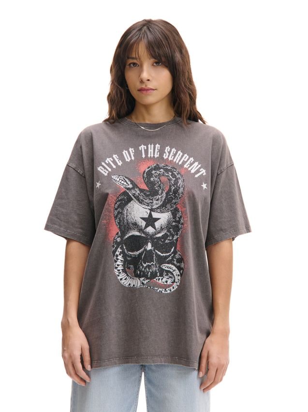 Szara koszulka oversize z muzycznym motywem - CROPP - 290CV-90M