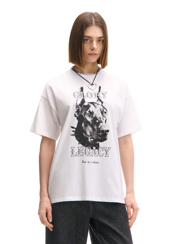 Biały T-shirt oversize z psem - CROPP - 291CV-00X