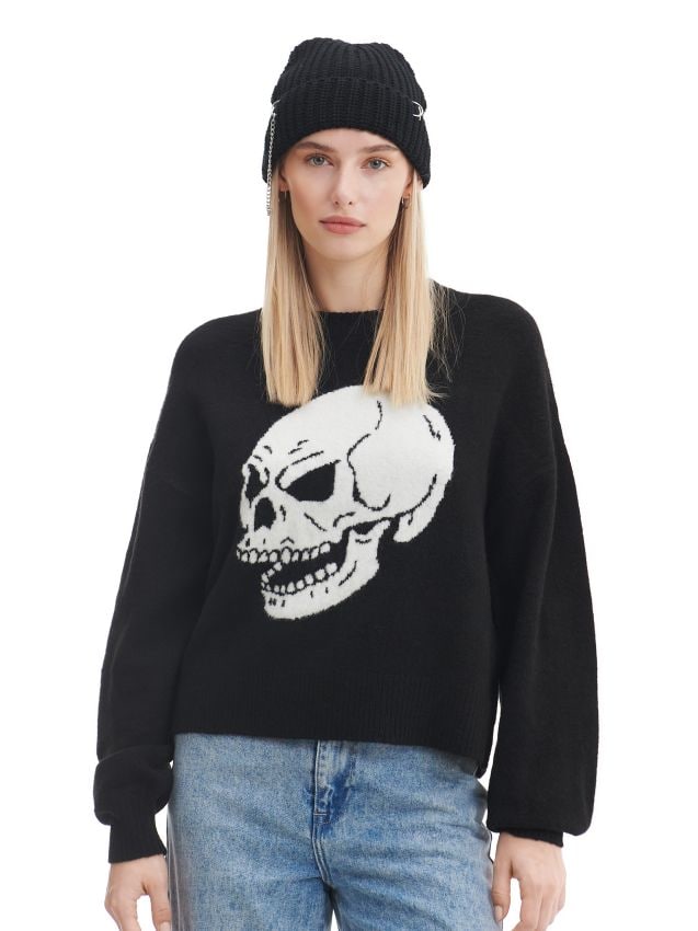 Czarny sweter z czaszką - CROPP - 4815X-99M