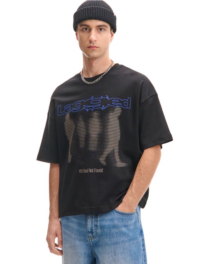 Czarny T-shirt z autorskim nadrukiem - CROPP - 581FN-99X