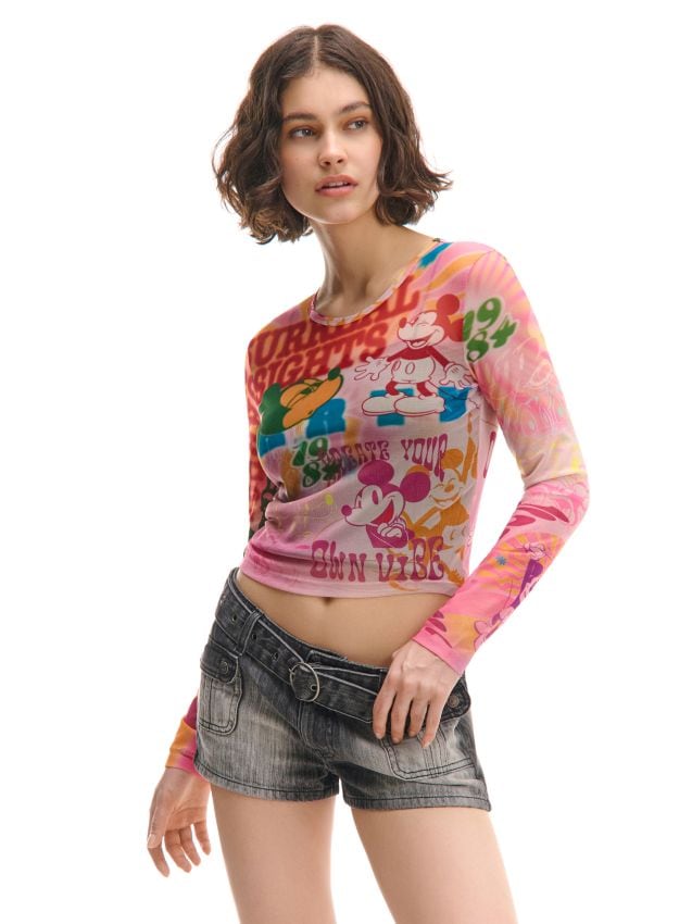 Kolorowy T-shirt longsleeve z Myszką Miki - CROPP - 645CU-MLC