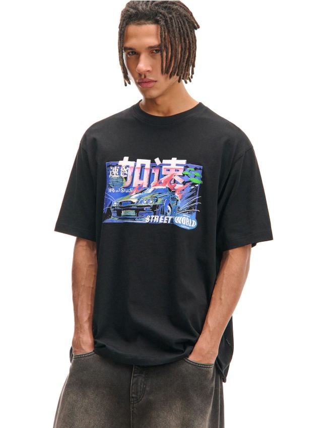 Czarna koszulka z motoryzacyjnym motywem - CROPP - 687FN-99X