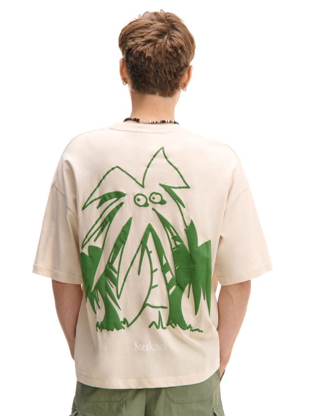 Beżowy T-shirt z motywem oczu - CROPP - 698DE-08X