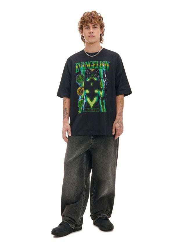 Schwarzes T-Shirt mit Aufdruck Neon Genesis Evangelion