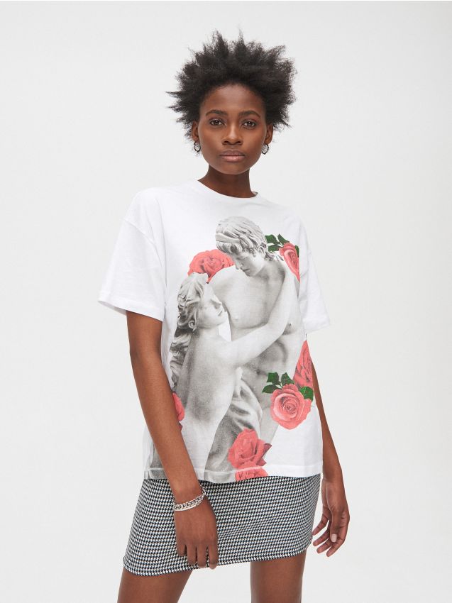 Tricou oversized cu imprimeu cu trandafiri Culoare alb - CROPP