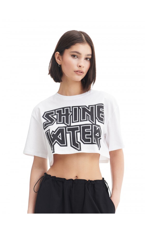 Biały crop top z napisem - CROPP - 2320W-00X