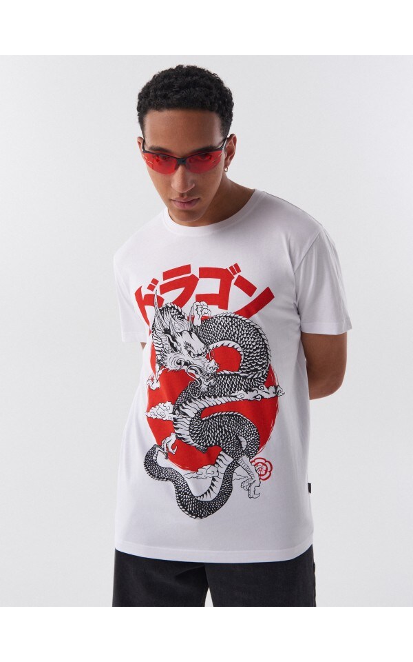 Biały T-shirt z motywem smoka - CROPP - 2823K-00X