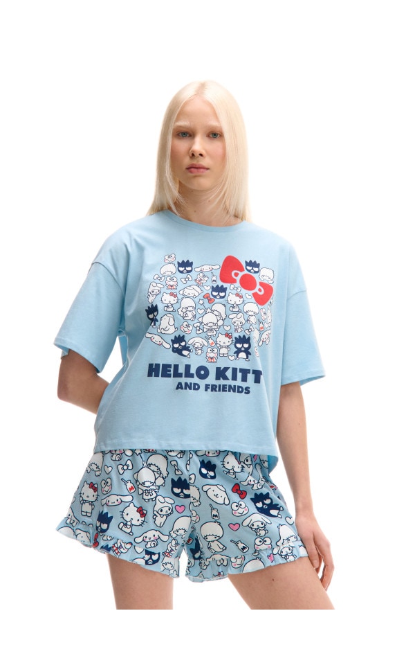 Pijama din două piese Hello Kitty & Friends Culoare albastru-pal