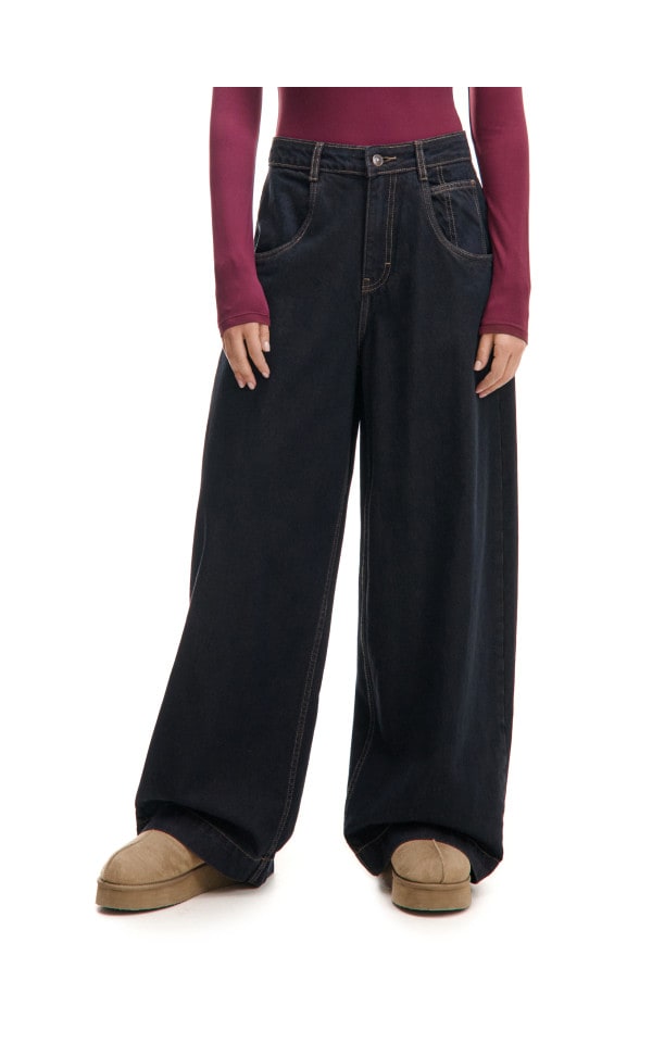 【BAON】Podenki roll-up washing wide denim pants Denim Mid Wash Wide Leg Jean